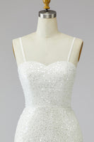Load image into Gallery viewer, Tight Ivory Short Sparkly Spaghetti Straps Beaded Wedding Dress with Fringes