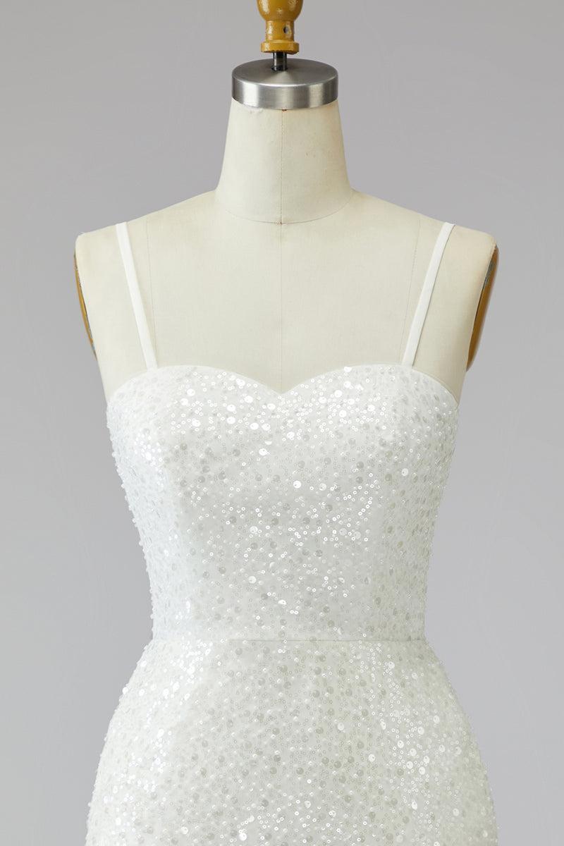 Load image into Gallery viewer, Tight Ivory Short Sparkly Spaghetti Straps Beaded Wedding Dress with Fringes