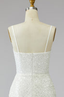 Load image into Gallery viewer, Tight Ivory Short Sparkly Spaghetti Straps Beaded Wedding Dress with Fringes