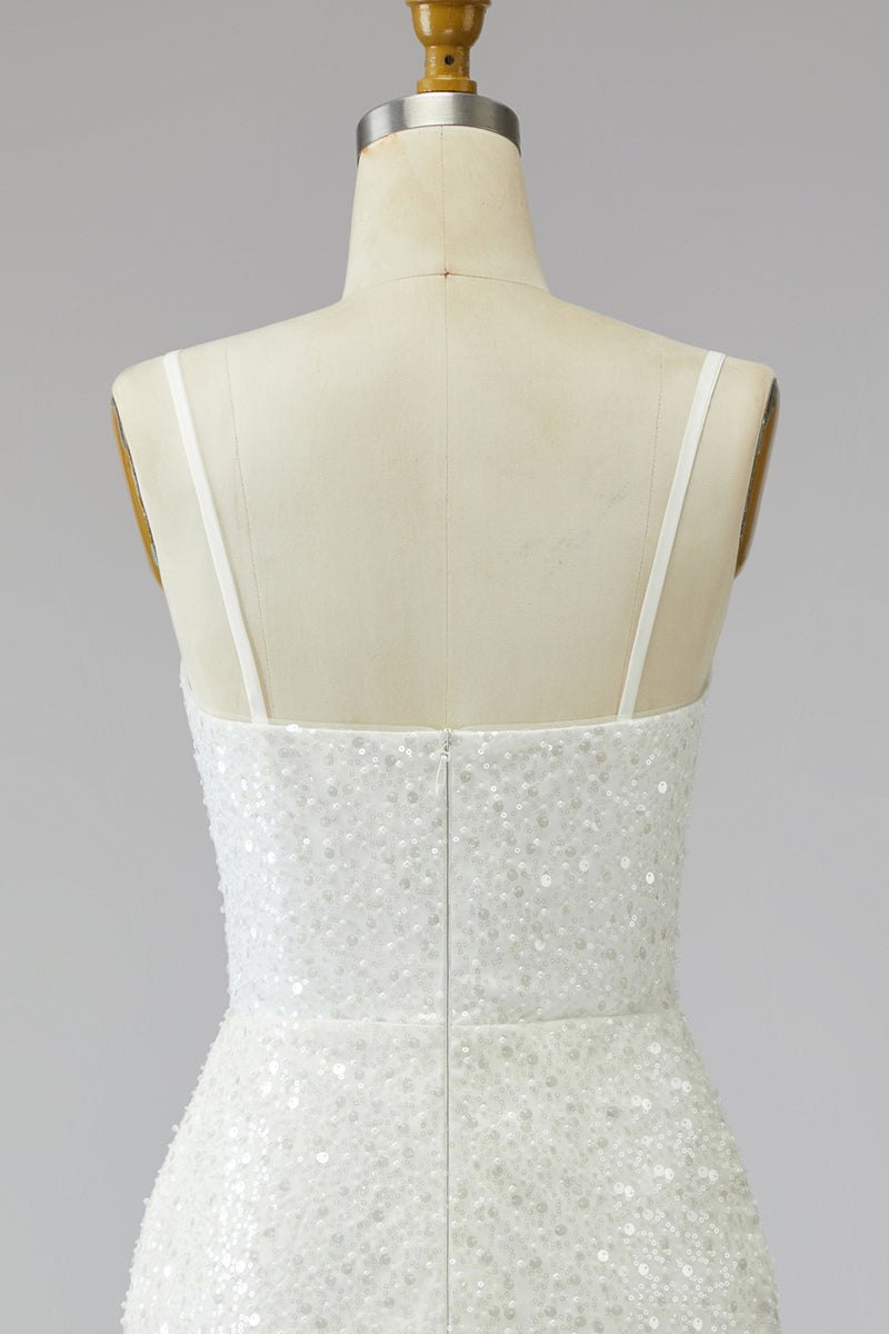 Load image into Gallery viewer, Tight Ivory Short Sparkly Spaghetti Straps Beaded Wedding Dress with Fringes