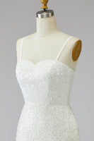 Load image into Gallery viewer, Tight Ivory Short Sparkly Spaghetti Straps Beaded Wedding Dress with Fringes
