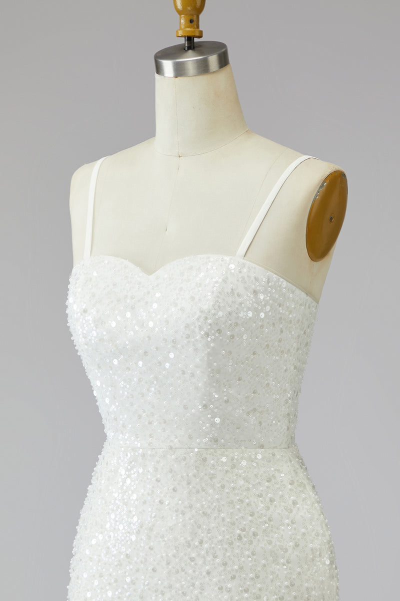 Load image into Gallery viewer, Tight Ivory Short Sparkly Spaghetti Straps Beaded Wedding Dress with Fringes