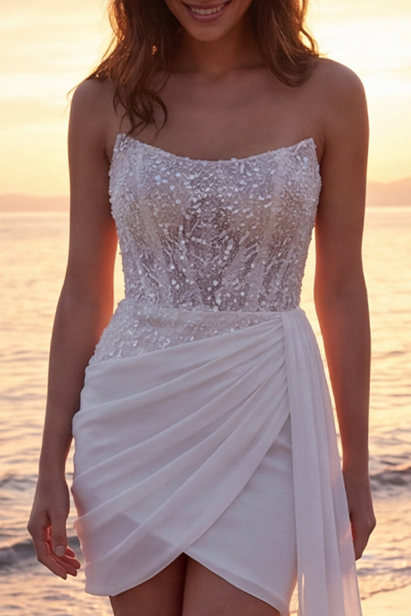 Load image into Gallery viewer, Tight Short Sparkly Strapless Ivory Corset Beaded Wedding Dress with Side Cape