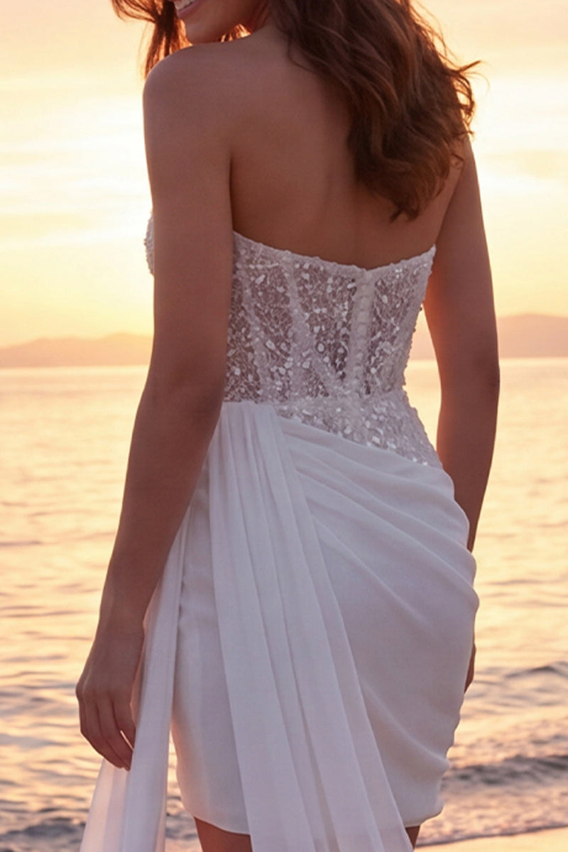 Load image into Gallery viewer, Tight Short Sparkly Strapless Ivory Corset Beaded Wedding Dress with Side Cape