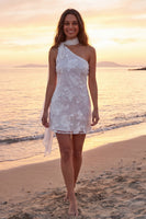 Load image into Gallery viewer, Short Ivory Floral One Shoulder Wedding Dress with Sash