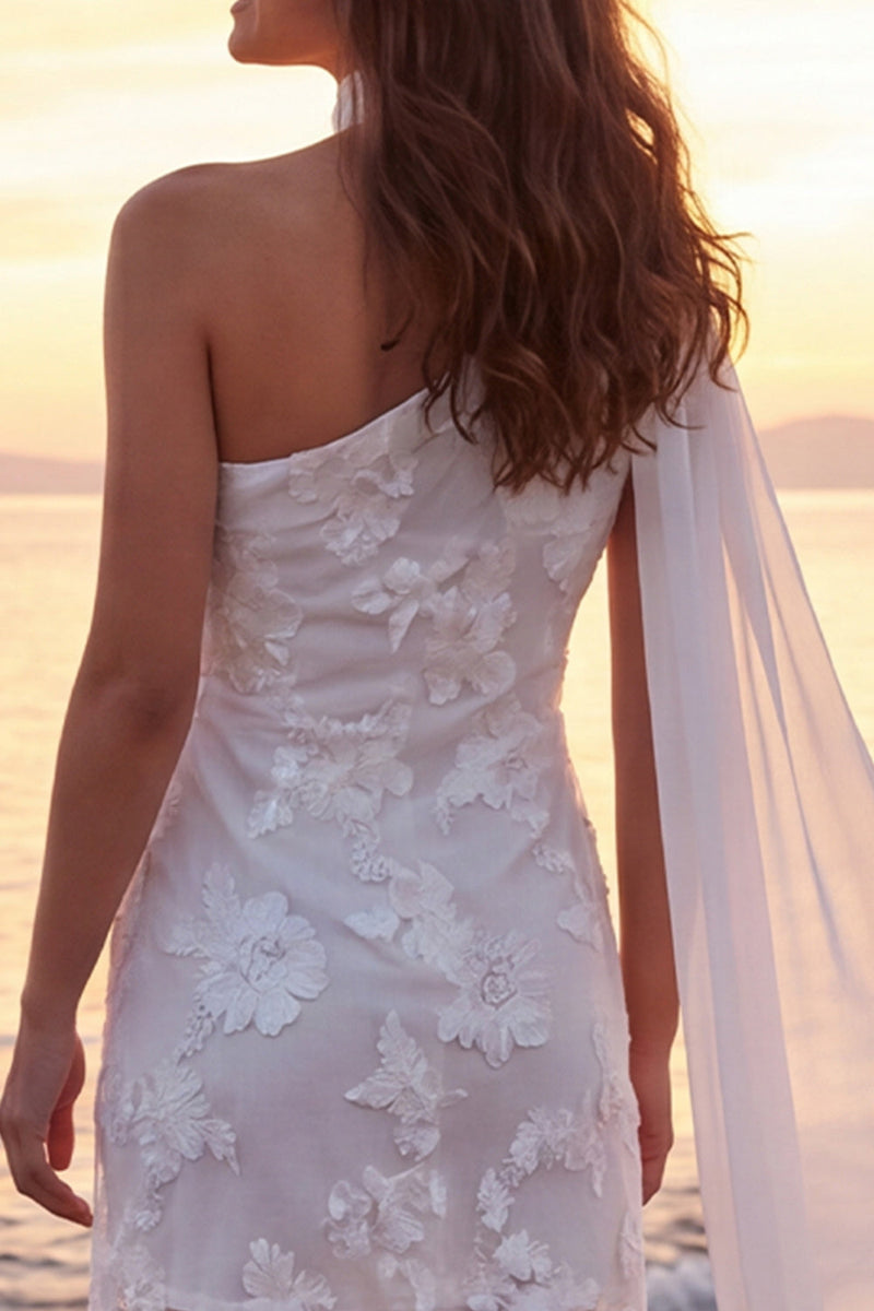 Load image into Gallery viewer, Short Ivory Floral One Shoulder Wedding Dress with Sash