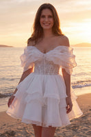 Load image into Gallery viewer, Sparkly A Line Short Ivory Corset Beaded Wedding Dress with Ruffles