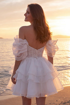Sparkly A Line Short Ivory Corset Beaded Wedding Dress with Ruffles
