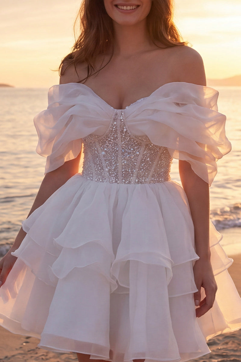 Load image into Gallery viewer, Sparkly A Line Short Ivory Corset Beaded Wedding Dress with Ruffles