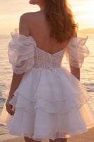 Load image into Gallery viewer, Sparkly A Line Short Ivory Corset Beaded Wedding Dress with Ruffles