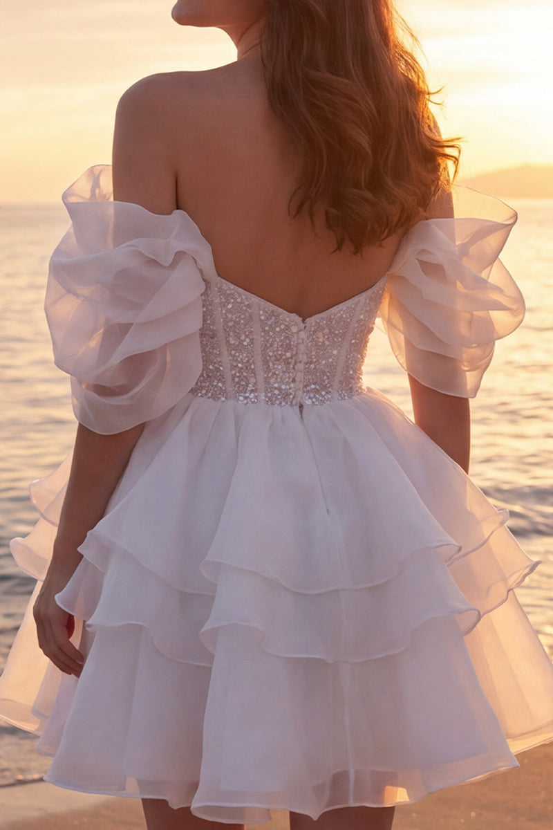 Load image into Gallery viewer, Sparkly A Line Short Ivory Corset Beaded Wedding Dress with Ruffles