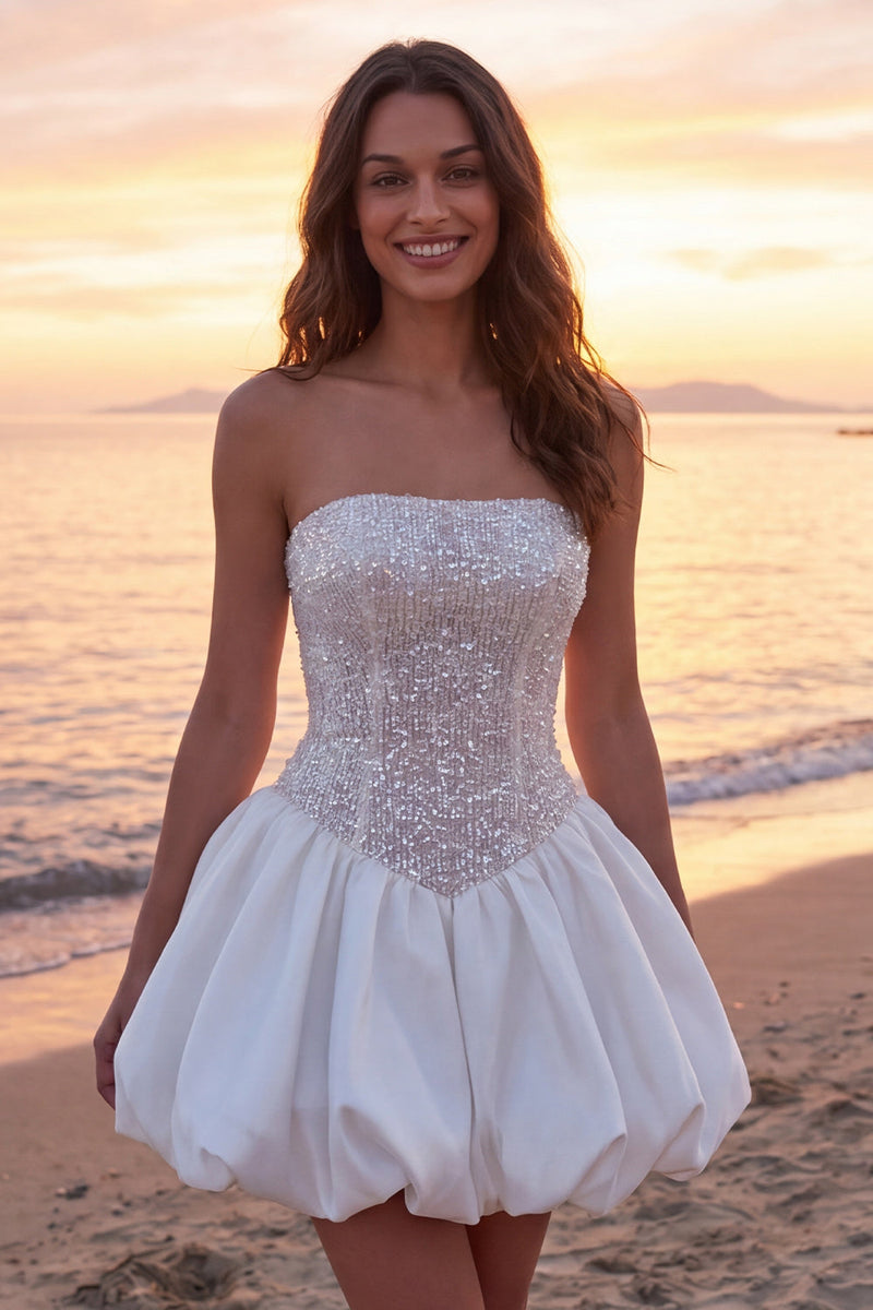 Load image into Gallery viewer, Sparkly Ivory Strapless Corset A Line Short Graduation Dress with Sequins