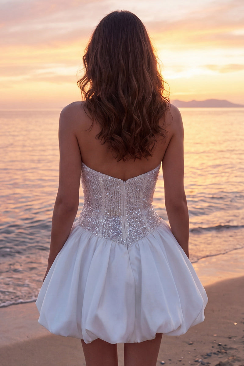 Load image into Gallery viewer, Sparkly Ivory Strapless Corset A Line Short Graduation Dress with Sequins