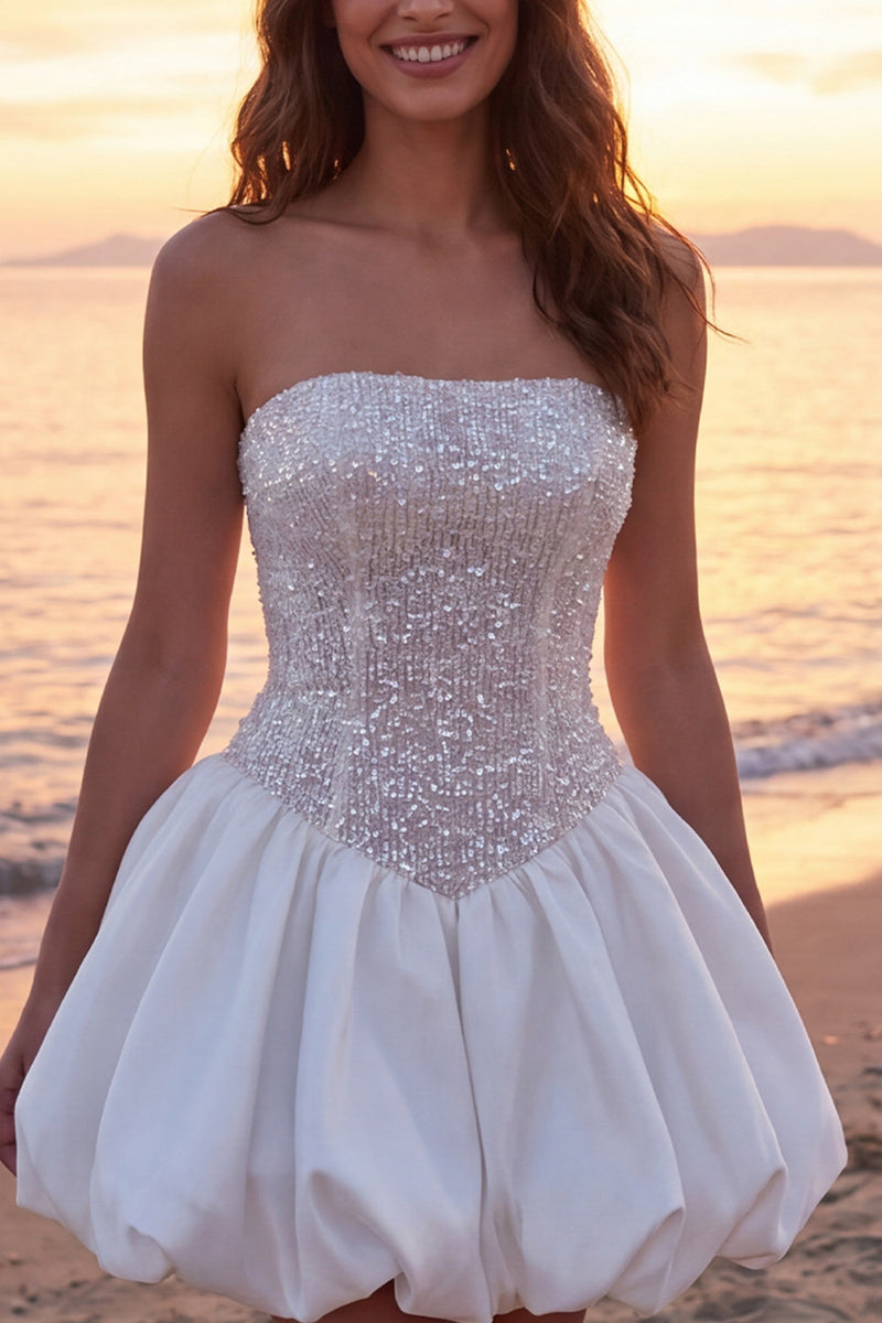 Load image into Gallery viewer, Sparkly Ivory Strapless Corset A Line Short Graduation Dress with Sequins