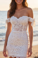 Load image into Gallery viewer, Short Ivory Off the Shoulder Corset Floral Boho Wedding Dress with Bows