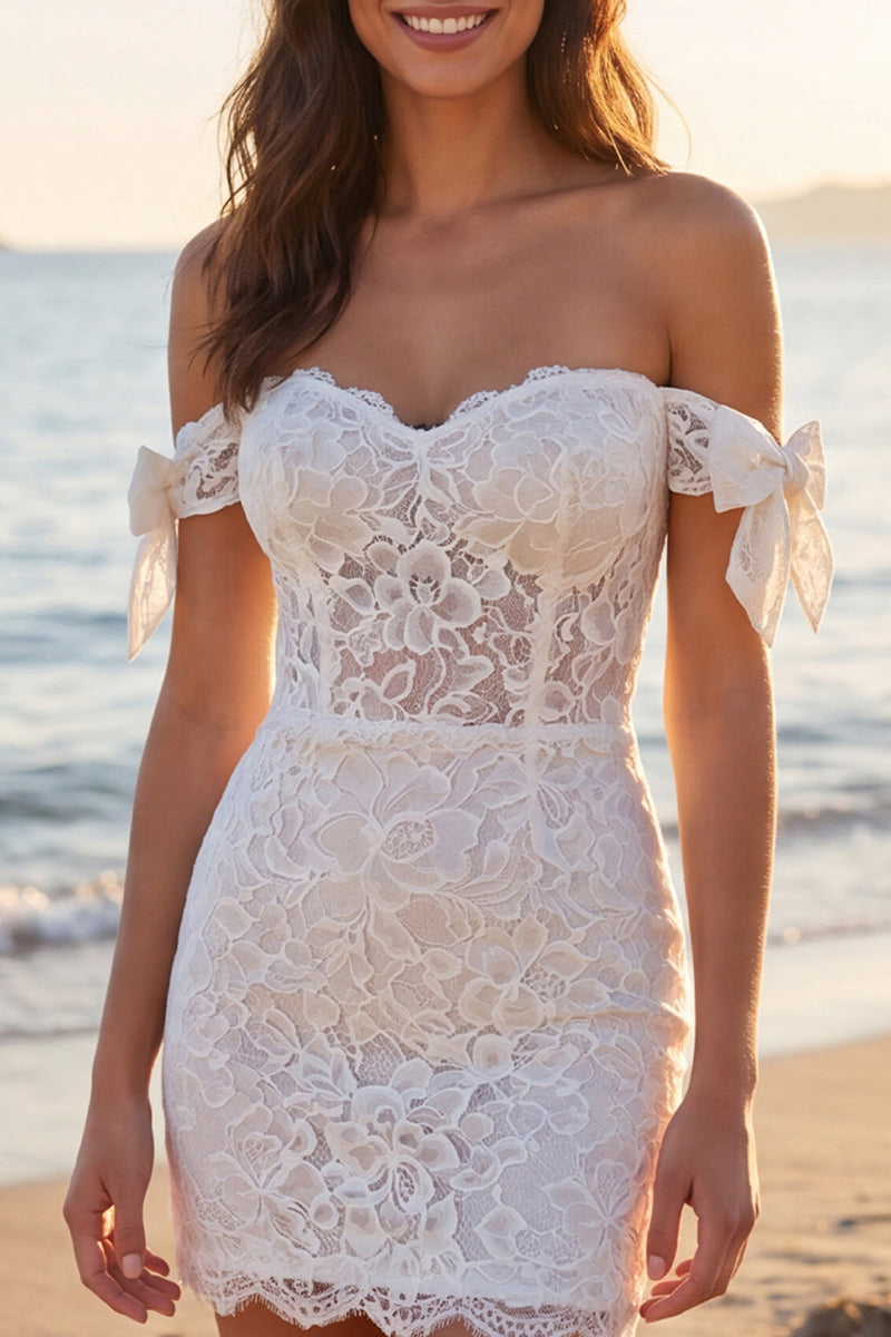 Load image into Gallery viewer, Short Ivory Off the Shoulder Corset Floral Boho Wedding Dress with Bows