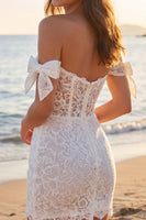 Load image into Gallery viewer, Short Ivory Off the Shoulder Corset Floral Boho Wedding Dress with Bows