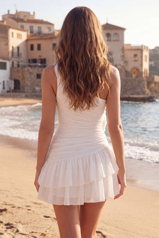 Ruffled One Shoulder Ivory Ruched Short Graduation Dress with 3D Flowers