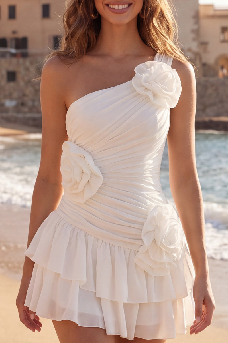 Load image into Gallery viewer, Ruffled One Shoulder Ivory Ruched Short Graduation Dress with 3D Flowers