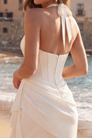 Load image into Gallery viewer, Halter Ruched Corset Short Ivory Graduation Dress with Ruffles