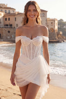 Load image into Gallery viewer, Off the Shoulder Ruched Corset Ivory Short Wedding Dress with Ruffles