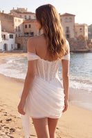 Load image into Gallery viewer, Off the Shoulder Ruched Corset Ivory Short Wedding Dress with Ruffles