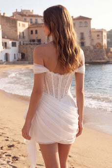 Off the Shoulder Ruched Corset Ivory Short Wedding Dress with Ruffles