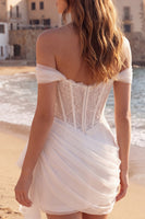 Load image into Gallery viewer, Off the Shoulder Ruched Corset Ivory Short Wedding Dress with Ruffles