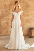 Load image into Gallery viewer, Ivory Off the Shoulder A Line Sweep Train Beach Wedding Dress with Lace