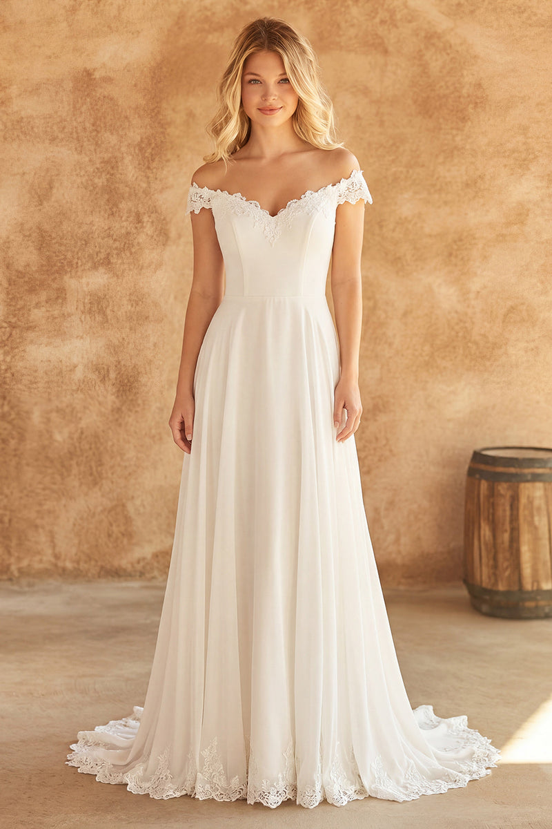 Load image into Gallery viewer, Ivory Off the Shoulder A Line Sweep Train Beach Wedding Dress with Lace
