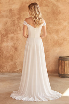 Ivory Off the Shoulder A Line Sweep Train Beach Wedding Dress with Lace