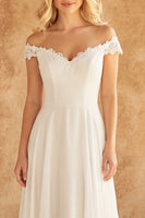 Load image into Gallery viewer, Ivory Off the Shoulder A Line Sweep Train Beach Wedding Dress with Lace