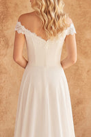 Load image into Gallery viewer, Ivory Off the Shoulder A Line Sweep Train Beach Wedding Dress with Lace