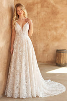 Load image into Gallery viewer, Ivory V-Neck Lace Floral A Line Sweep Train Boho Wedding Dress