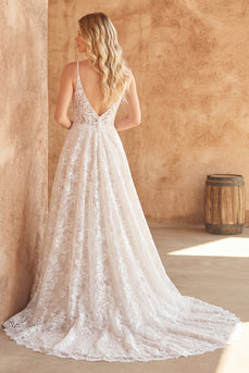 Ivory V-Neck Lace Floral A Line Sweep Train Boho Wedding Dress