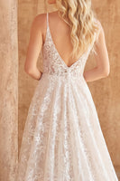 Load image into Gallery viewer, Ivory V-Neck Lace Floral A Line Sweep Train Boho Wedding Dress