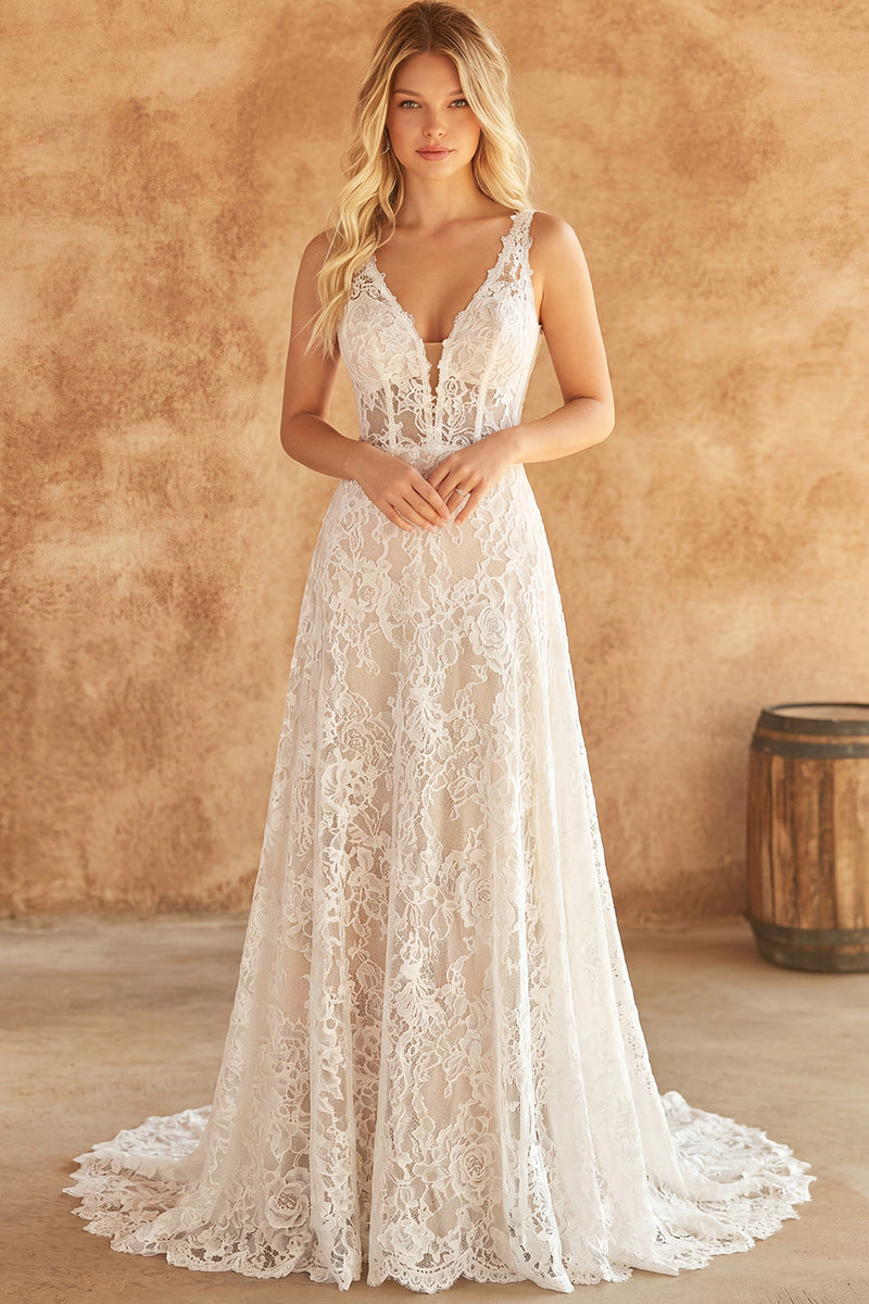 Load image into Gallery viewer, Corset Ivory Lace V-Neck Floral A Line Sweep Train Boho Wedding Dress