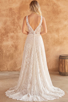 Corset Ivory Lace V-Neck Floral A Line Sweep Train Boho Wedding Dress