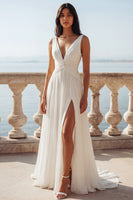 Load image into Gallery viewer, Ivory V-Neck Ruched A Line Sweep Train Beach Wedding Dress with Slit