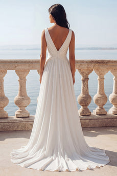 Ivory V-Neck Ruched A Line Sweep Train Beach Wedding Dress with Slit