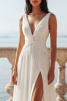 Load image into Gallery viewer, Ivory V-Neck Ruched A Line Sweep Train Beach Wedding Dress with Slit