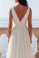 Load image into Gallery viewer, Ivory V-Neck Ruched A Line Sweep Train Beach Wedding Dress with Slit