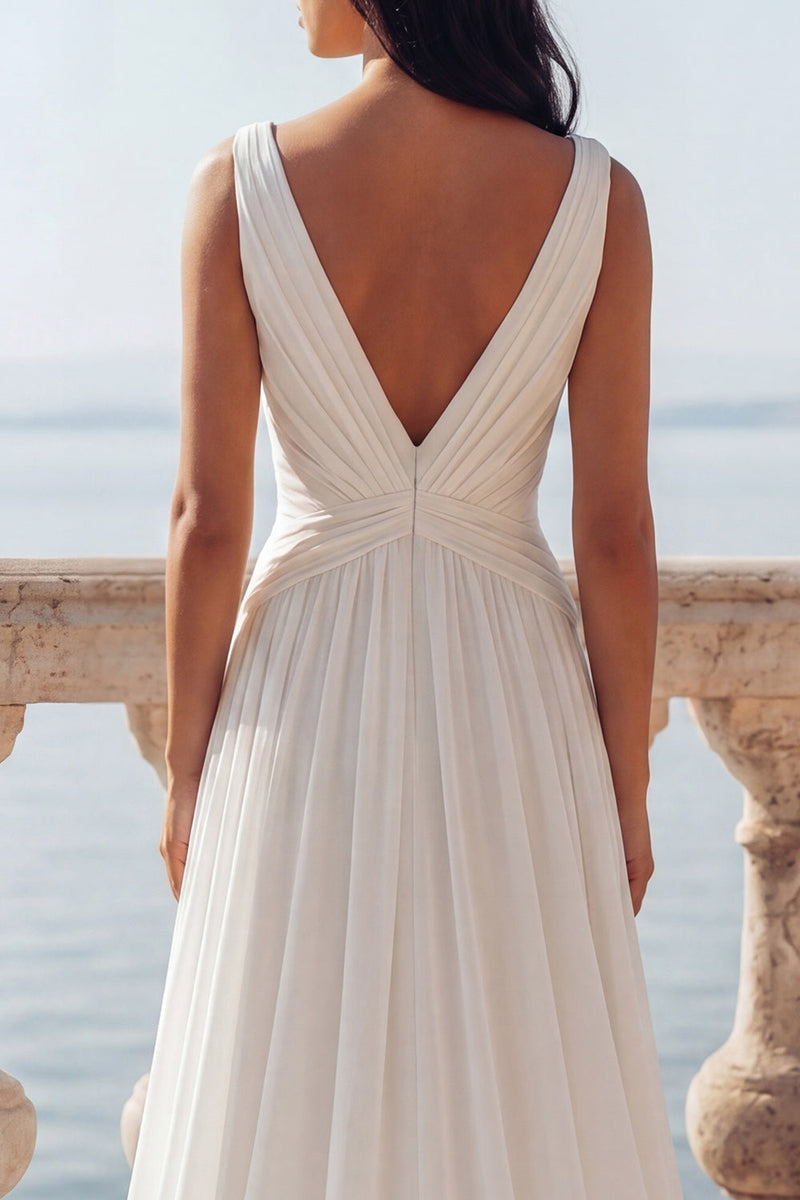 Load image into Gallery viewer, Ivory V-Neck Ruched A Line Sweep Train Beach Wedding Dress with Slit