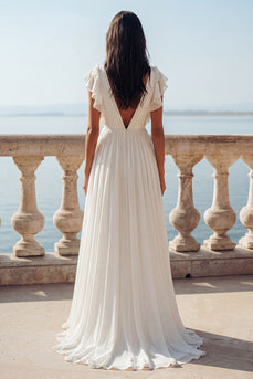 Ivory Ruffled V-Neck Ruched A Line Sweep Train Beach Wedding Dress with Slit