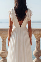 Load image into Gallery viewer, Ivory Ruffled V-Neck Ruched A Line Sweep Train Beach Wedding Dress with Slit