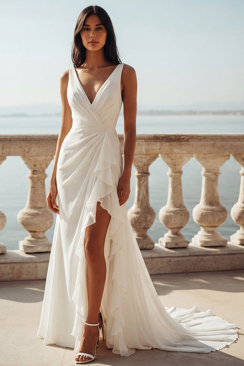 Load image into Gallery viewer, Ivory Mermaid V-Neck Ruched Sweep Train Beach Wedding Dress with Ruffles
