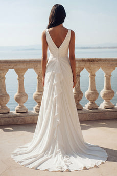 Ivory Mermaid V-Neck Ruched Sweep Train Beach Wedding Dress with Ruffles