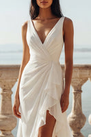 Load image into Gallery viewer, Ivory Mermaid V-Neck Ruched Sweep Train Beach Wedding Dress with Ruffles