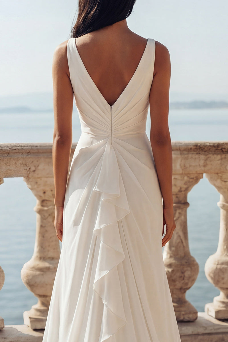 Load image into Gallery viewer, Ivory Mermaid V-Neck Ruched Sweep Train Beach Wedding Dress with Ruffles