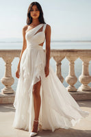Load image into Gallery viewer, Ivory Keyhole Ruffled A Line Sweep Train Beach Wedding Dress with Slit